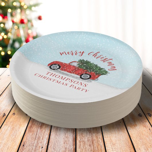 Merry Christmas Calligraphy Cute Rustic Red Truck Pappteller