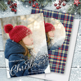 Merry Christmas Calligraphy Navy Blue Red Plaid Feiertagskarte