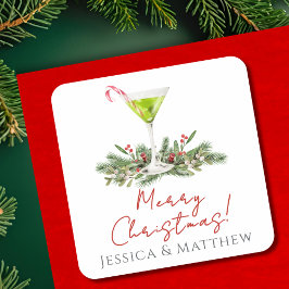 Merry Christmas Candy Cane Martini and Mistletoe Quadratischer Aufkleber