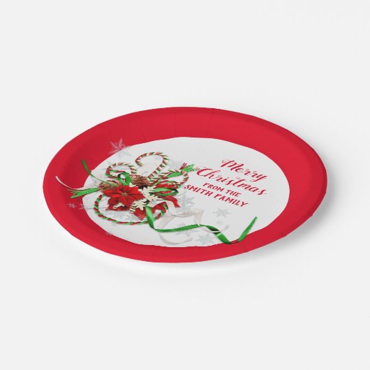Merry Christmas Candy Cane Poinsettia Pappteller (Schrägansicht)
