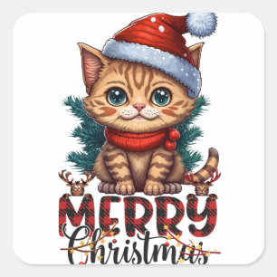Merry Christmas Cat 2025 Quadratischer Aufkleber
