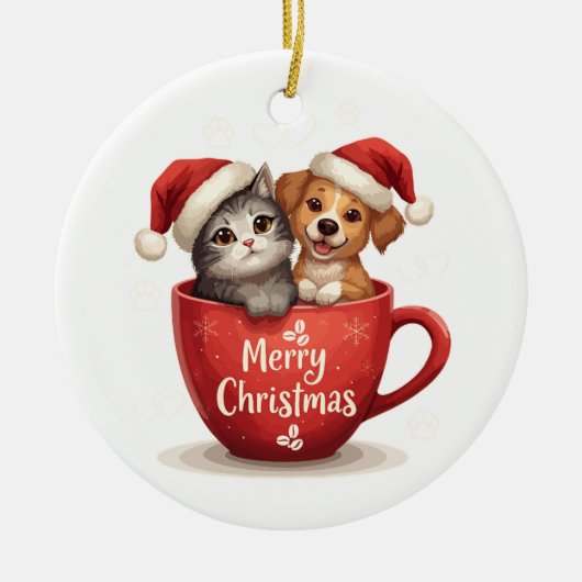 Merry Christmas Cat and Dog in Mug, Cute Pet Keramik Ornament (Vorne)