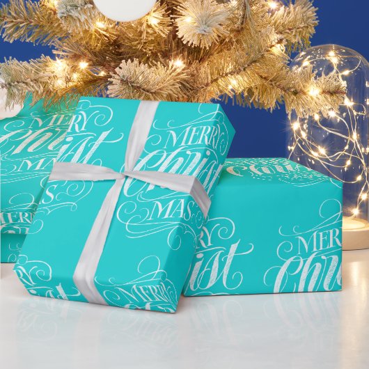 Merry Christmas Chalk Calligraphy Aquamarin Blue S Geschenkpapier (Feiertage)