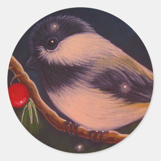 MERRY CHRISTMAS CHICKADEE BIRD Round Sticker (Vorderseite)