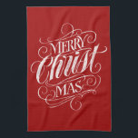 Merry CHRISTmas Christlich Calligraphy Chalk Red Geschirrtuch<br><div class="desc">Wir sagen "Frohe Weihnachten" sehr oft während der Saison, aber manchmal vergessen wir, woher dieser Gruß eigentlich kommt. Hier ist ein wunderbar elegantes Stück Handschrift, um einen sanften Rückstoß zurück in die Richtung Jesus geben. Die Kunst des beruflichen Kalligraphen Ivan Angelic. Dieses Schriftstück ist in Schwarz auf Weiß, Weiß und...</div>