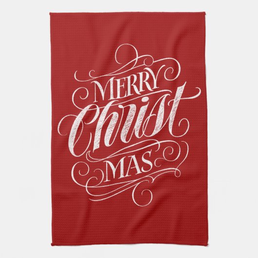 Merry CHRISTmas Christlich Calligraphy Chalk Red Geschirrtuch (Vertikal)