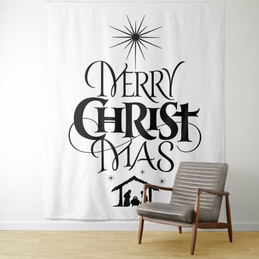Merry CHRISTmas Christlich Elegant Schwarz-weiß Wandteppich (Beispiel)