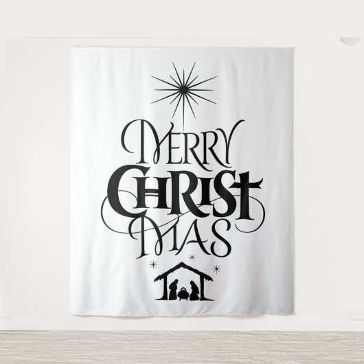 Merry CHRISTmas Christlich Elegant Schwarz-weiß Wandteppich (Vorderseite)