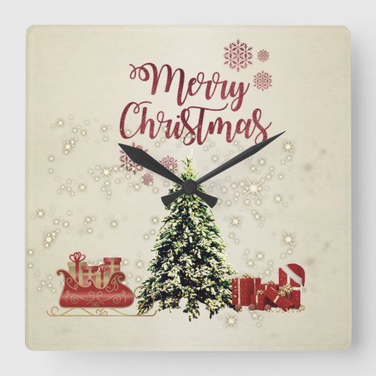 Merry Christmas,Christmas Trees ,Presents,Sleigh  Quadratische Wanduhr (Vorderseite)