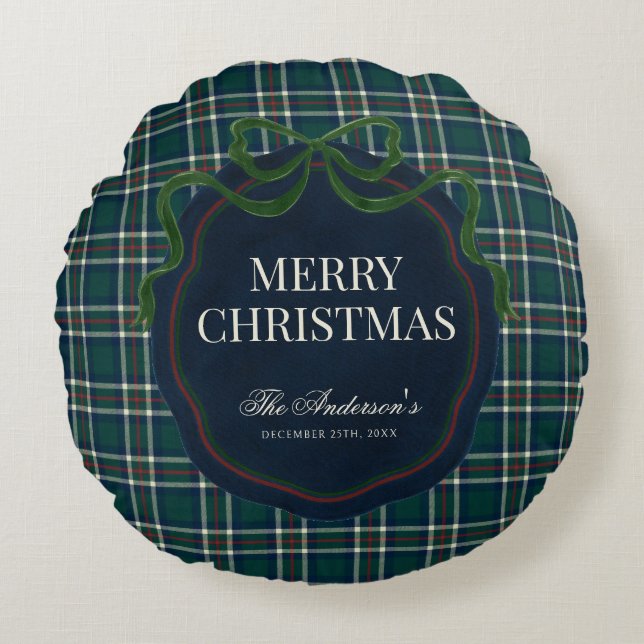 Merry Christmas Classic Preppy Tartan Plaid Rundes Kissen (Vorderseite)