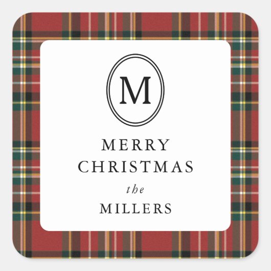 Merry Christmas Classic Red Plaid Monogram Quadratischer Aufkleber (Vorderseite)