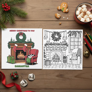Merry Christmas Color Me Fireplace & Stockings Feiertagskarte