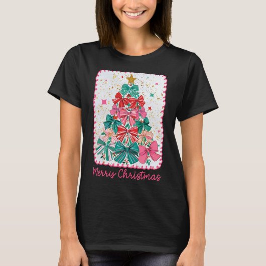 Merry Christmas Coquette Bow Xmas Tree Holiday Gir T-Shirt (Vorderseite)