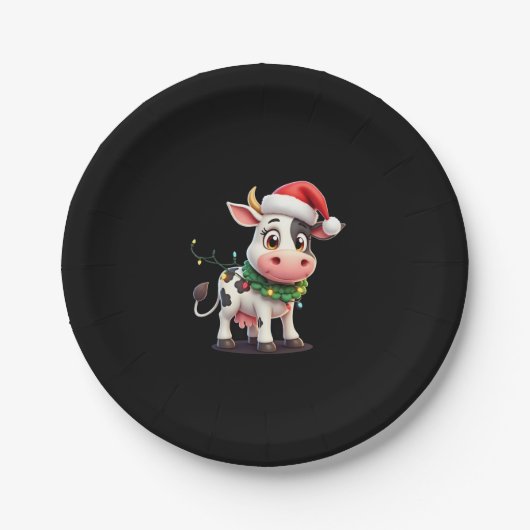 Merry Christmas Cow Santa Christmas Lights Cow Xma Pappteller (Vorderseite)