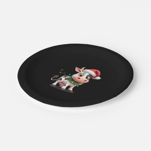 Merry Christmas Cow Santa Christmas Lights Cow Xma Pappteller (Schrägansicht)
