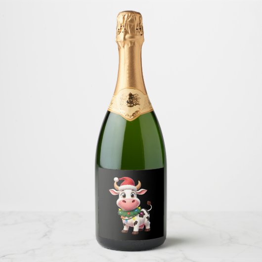 Merry Christmas Cow Santa Christmas Lights Cow Xma Schaumweinetikett (Vorderseite)