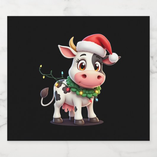 Merry Christmas Cow Santa Christmas Lights Cow Xma Schaumweinetikett (Einzelnes Label)