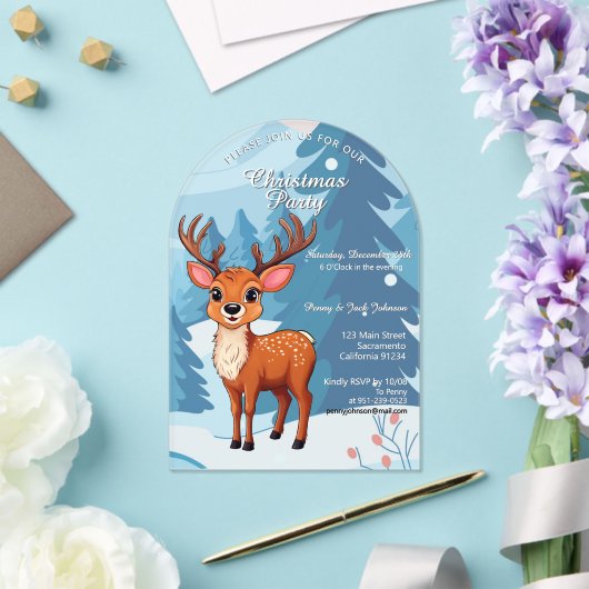 Merry Christmas Cute Cartoon Reindeer in winter Acryleinladungen (Insitu (Hochzeit))