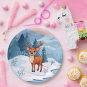 Merry Christmas Cute Cartoon Reindeer in winter Pappteller (Party)