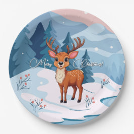 Merry Christmas Cute Cartoon Reindeer in winter  Pappteller