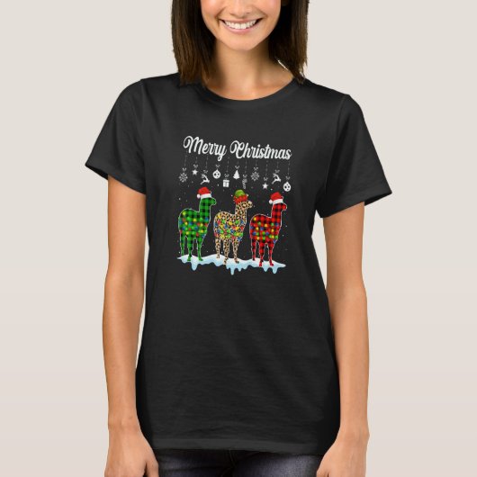Merry Christmas Cute Llama Xmas Leopard Plaid T-Shirt (Vorderseite)