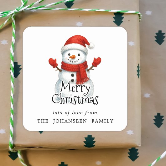 Merry Christmas Cute Snowman Black Typography Quadratischer Aufkleber