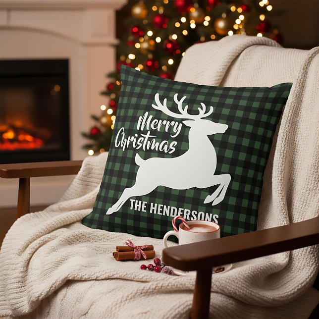 Merry Christmas Deer Green & Black Plaid Name Kissen (Von Creator hochgeladen)