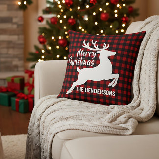 Merry Christmas Deer Red & Black Plaid Custom Name Kissen