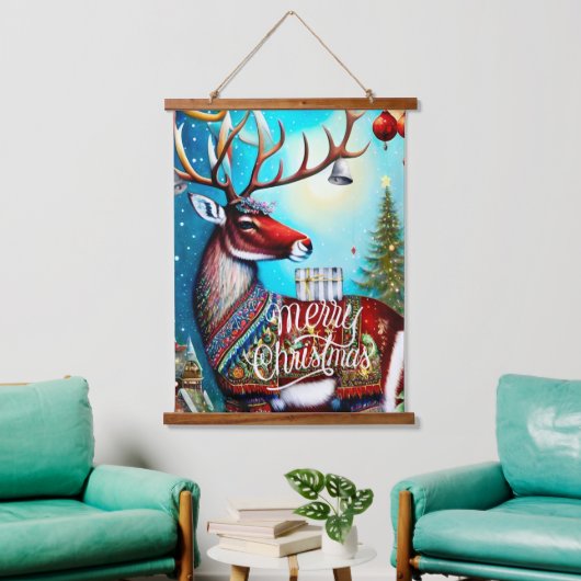 MERRY CHRISTMAS DEER WANDTEPPICH MIT HOLZRAHMEN (Wohnzimmer)