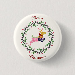 Merry Christmas Deer with Wreath Customize Button