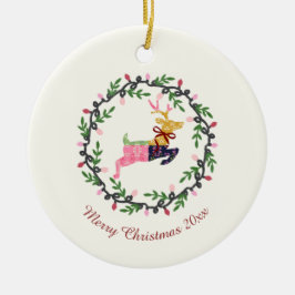 Merry Christmas Deer with Wreath Customize Keramik Ornament