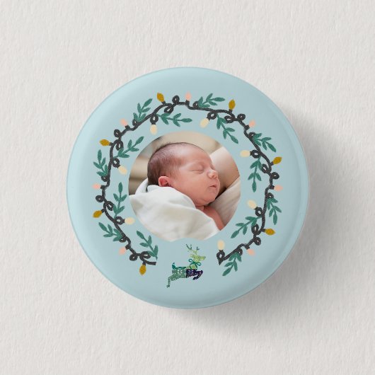 Merry Christmas Deer with Wreath Teal Button (Vorderseite)