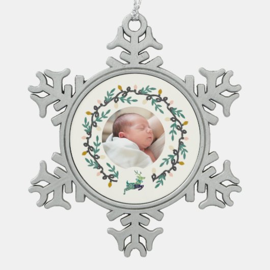 Merry Christmas Deer with Wreath Teal Cream Schneeflocken Zinn-Ornament (Vorderseite)