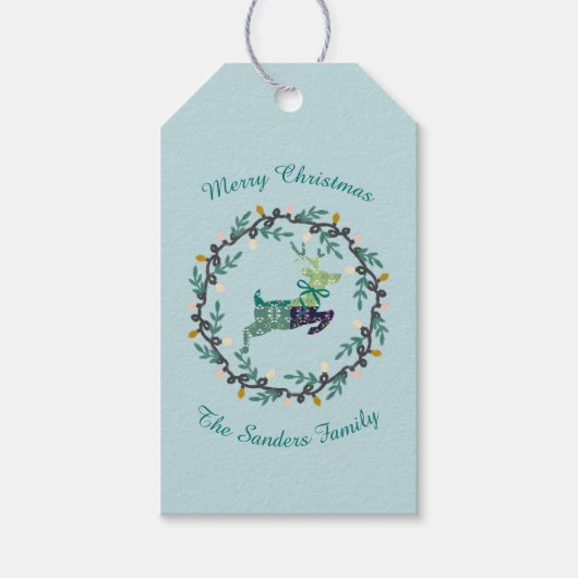 Merry Christmas Deer with Wreath Teal Customize Geschenkanhänger (Vorderseite)