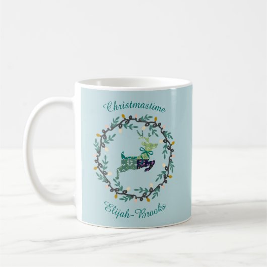 Merry Christmas Deer with Wreath Teal Customize Kaffeetasse (Links)