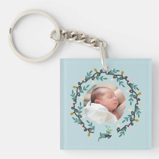 Merry Christmas Deer with Wreath Teal Schlüsselanhänger (Vorderseite)