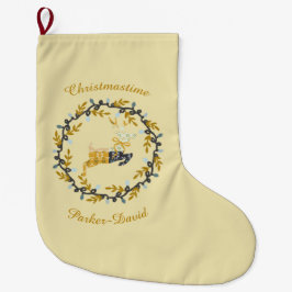 Merry Christmas Deer with Wreath Yellow Customize Großer Weihnachtsstrumpf