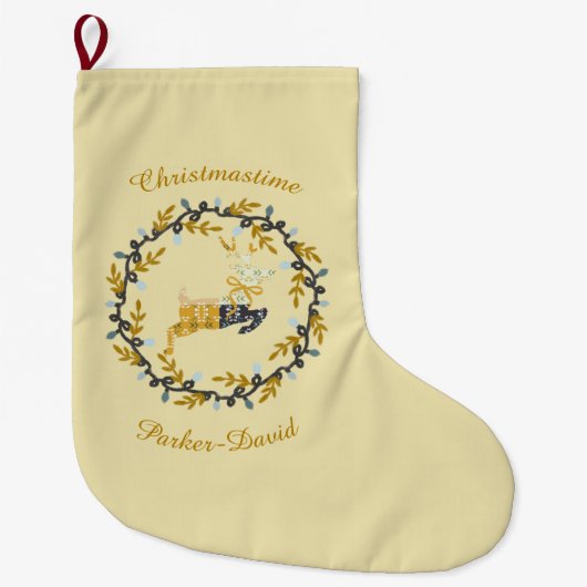 Merry Christmas Deer with Wreath Yellow Customize Großer Weihnachtsstrumpf (Vorderseite)