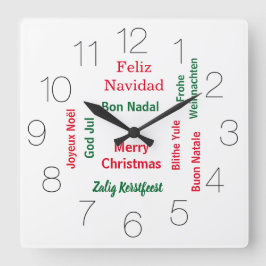 Merry Christmas different languages Quadratische Wanduhr