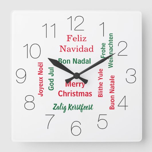 Merry Christmas different languages Quadratische Wanduhr (Vorderseite)