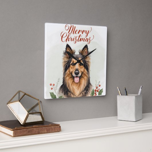 Merry Christmas Dog Festive Winter Home Wall Clock Quadratische Wanduhr (Büro)