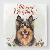 Merry Christmas Dog Festive Winter Home Wall Clock Quadratische Wanduhr (Vorderseite)
