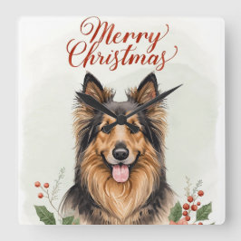 Merry Christmas Dog Festive Winter Home Wall Clock Quadratische Wanduhr