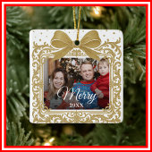 Merry Christmas Elegant Bow Present Photo Collage Keramikornament