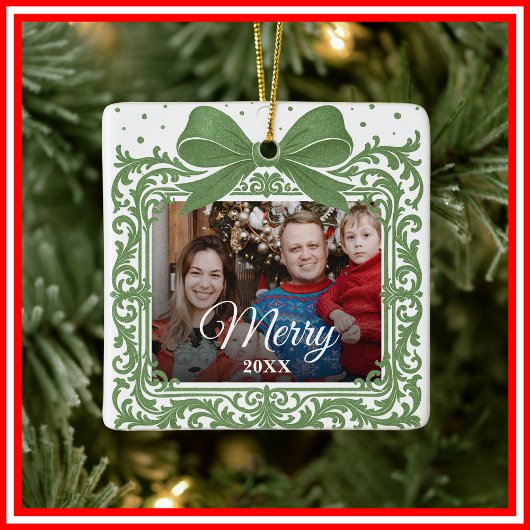 Merry Christmas Elegant Bow Present Photo Collage Keramikornament