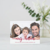Merry Christmas Elegant Red Script Foto Holiday Postkarte (Stehend Vorderseite)