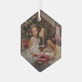 Merry Christmas Elegant Script Family Photo Ornament Aus Glas (Vorderseite Links)