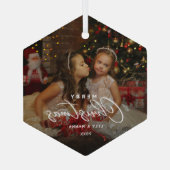 Merry Christmas Elegant Script Family Photo Ornament Aus Glas (Rückseite)