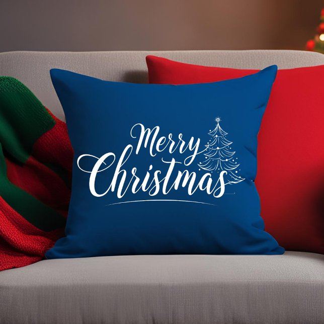 Merry Christmas Elegant Script Typografy Blue Kissen (Von Creator hochgeladen)