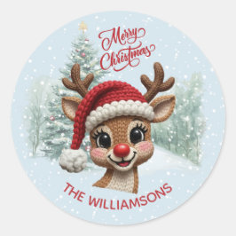 Merry Christmas Faux Crochet Reindeer Snow Runder Aufkleber
